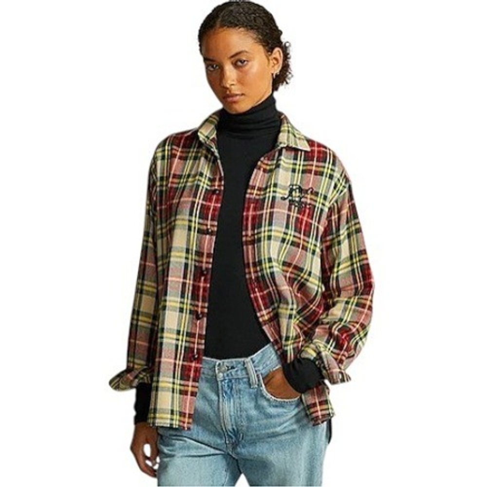 Polo Ralph Lauren Relaxed Fit Monogram Cotton Twill Shirt Plaid Women's Top‎ - 8